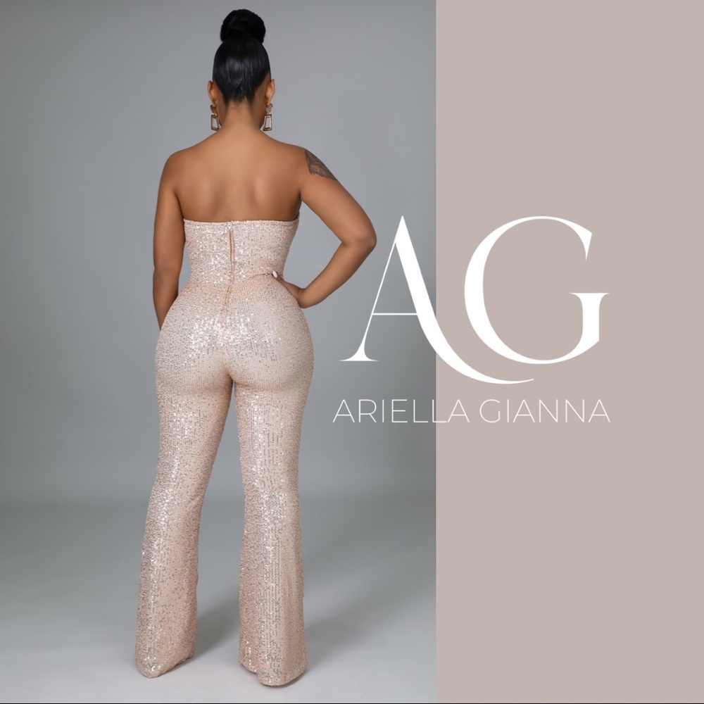 Champagne Glitter Flare Legged Jumpsuit - Picture 2 of 4